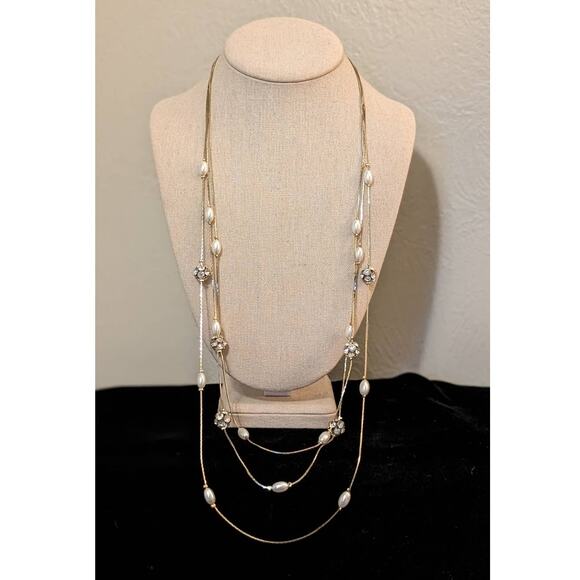 Three Strand Gold Tone Chain Necklace w/ Oblong Faux Pearls & Pave Balls - Picture 7 of 7
